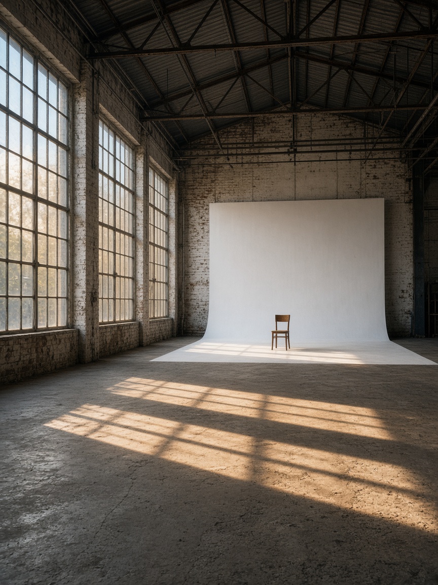 Hall A with factory windows and a white cyclorama.