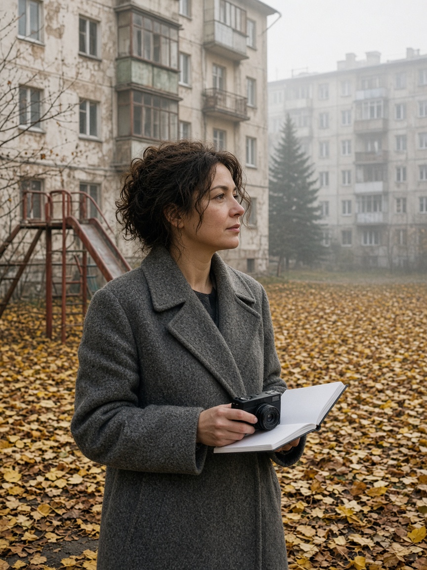 A woman in a grey coat with a camera and notebook in a Botanica courtyard covered in yellow leaves.