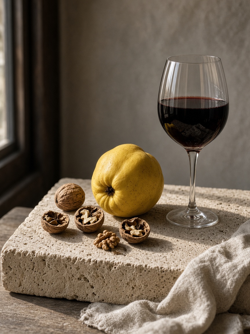 Glass of red wine, cracked walnuts and a quince on a slab of pale limestone in hard side light.