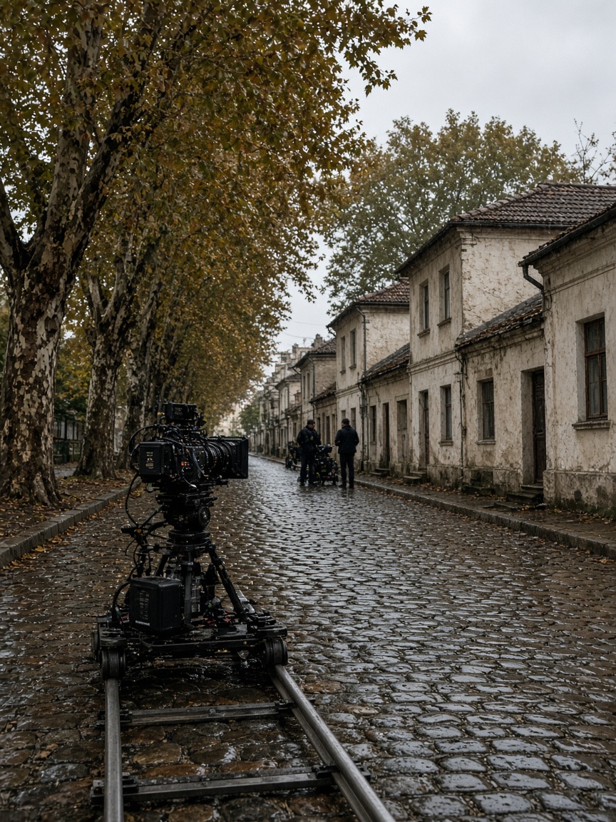 Camera on a dolly track on a wet cobbled street of one-storey limestone houses.