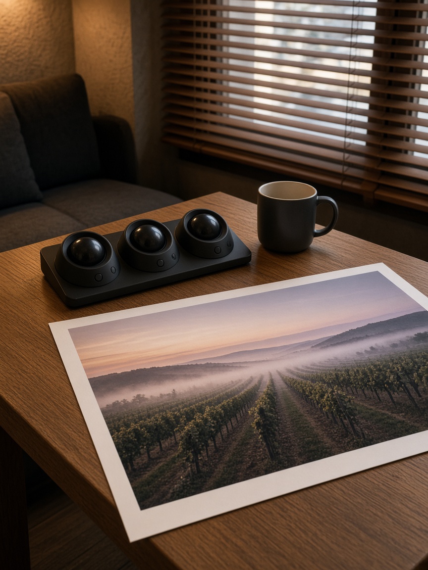 Finishing room: trackball panel, vineyard print and a stripe of daylight through blinds.