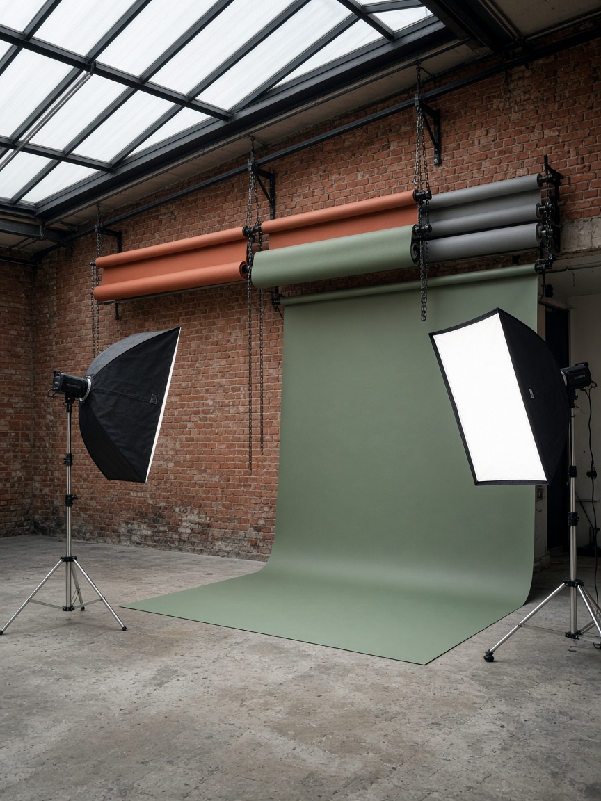 Hall B with paper backdrop rolls in terracotta, sage and grey under a skylight.
