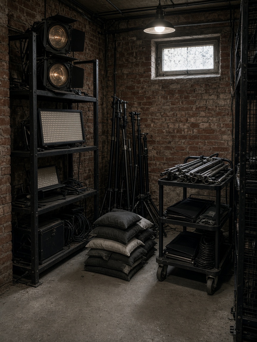 Equipment rack with fresnels, LED panels, sandbags, C-stands and a grip cart.
