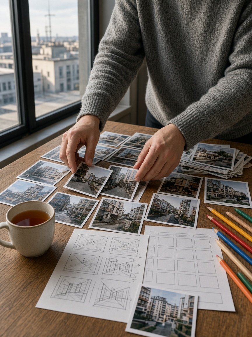Planning table with location prints, pencil storyboards and a calendar grid.