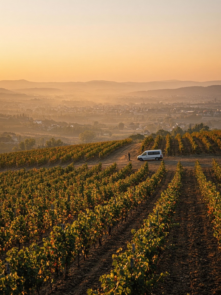 Amber vineyard rows at sunset with a white van and two people setting up a tripod.