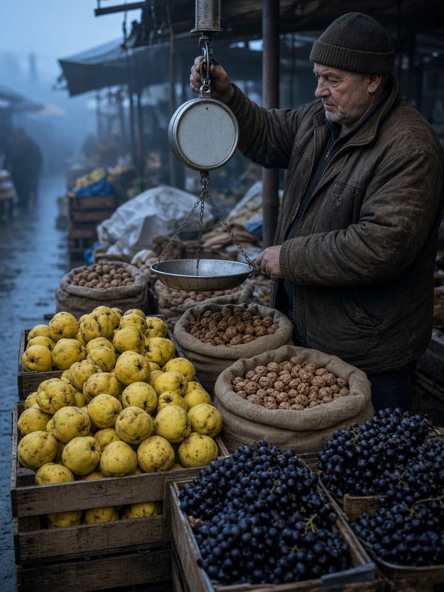 Market stall with crates of quinces, sacks of walnuts and a vendor weighing grapes.